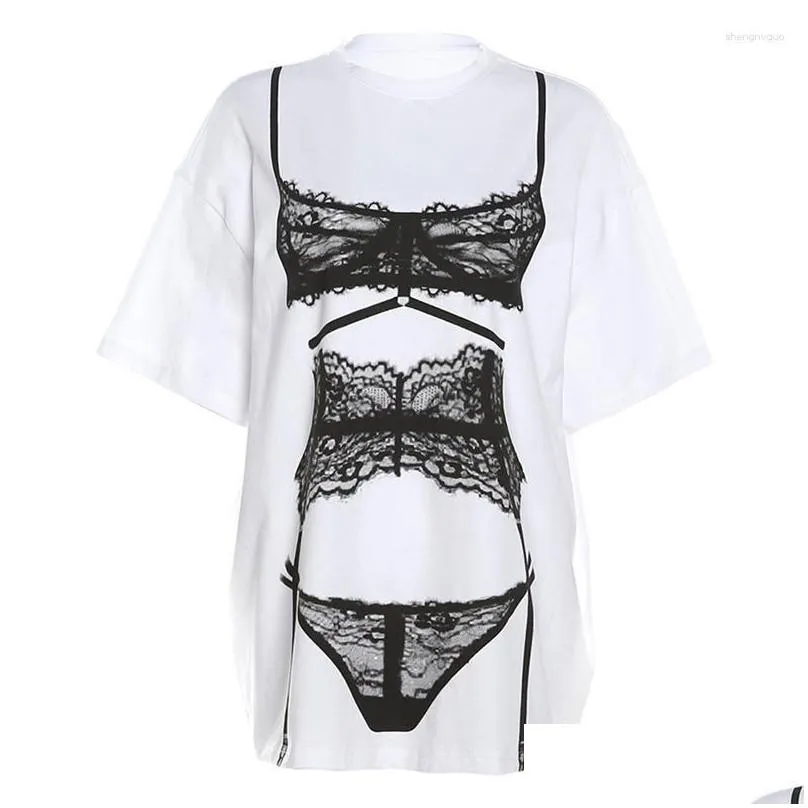 Women`s T Shirts Women Oversized Shirt 2023 Summer Fashion Sexy Bikini Print Loose T-shirt Tops Tee White