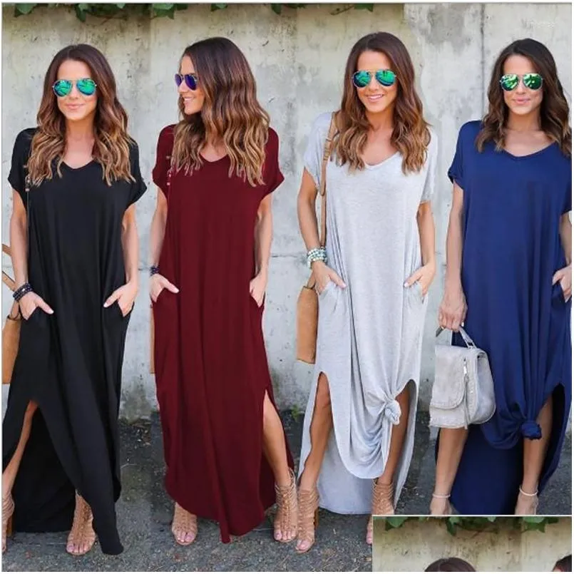 Casual Dresses 5XL Women Summer Solid Short Sleeve Maxi Y2k Dress Long Loose Beach Sundress T Shirt Lady