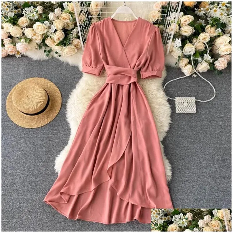Women Summer Dresses Midi French Dress 2021 Sweet V-Neck Puff Sleeve High Waist Elegant Solid Woman Female Clothing Year Women`s