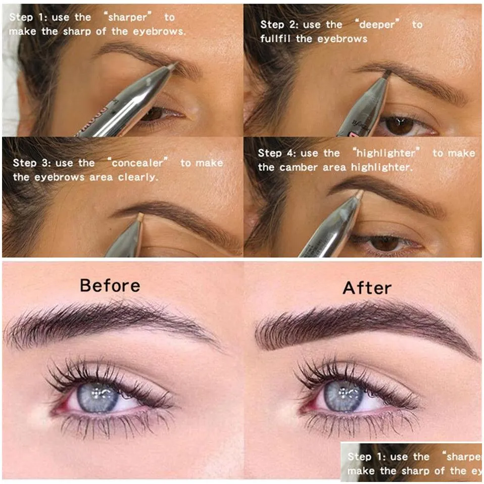 4-in-1 Easy to Wear Eyebrow Enhancers Contour Pen Waterproof Defining Highlighting Eye Brow Eyebrow Pencil Makeup Cosmetic 3pcs