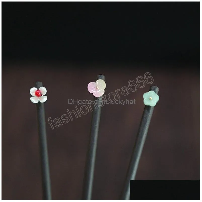 Hairpins Simple Style Flower Black Wooden Hairpin Classic Chinese Hair Sticks Ladies Elegant Vintage Headdress Drop Delivery Jewelry Dhlkr