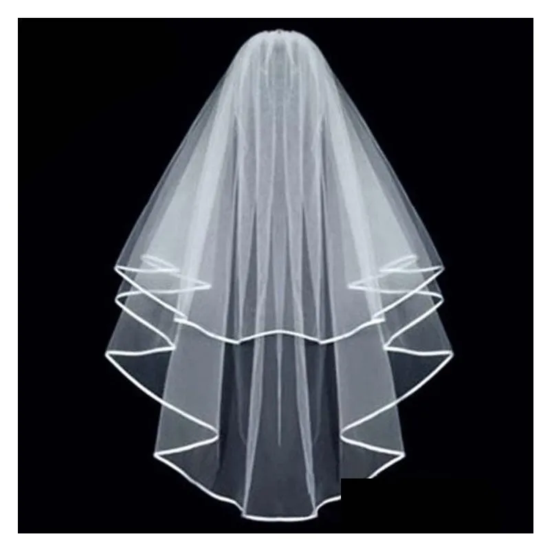 Solid White Ivory Bridal Wedding Veils with Comb Elegant Ribbon Edged Two Layers Fashion Tulle Short Veils Women Hair Accessories Bride To be Engagement Veil