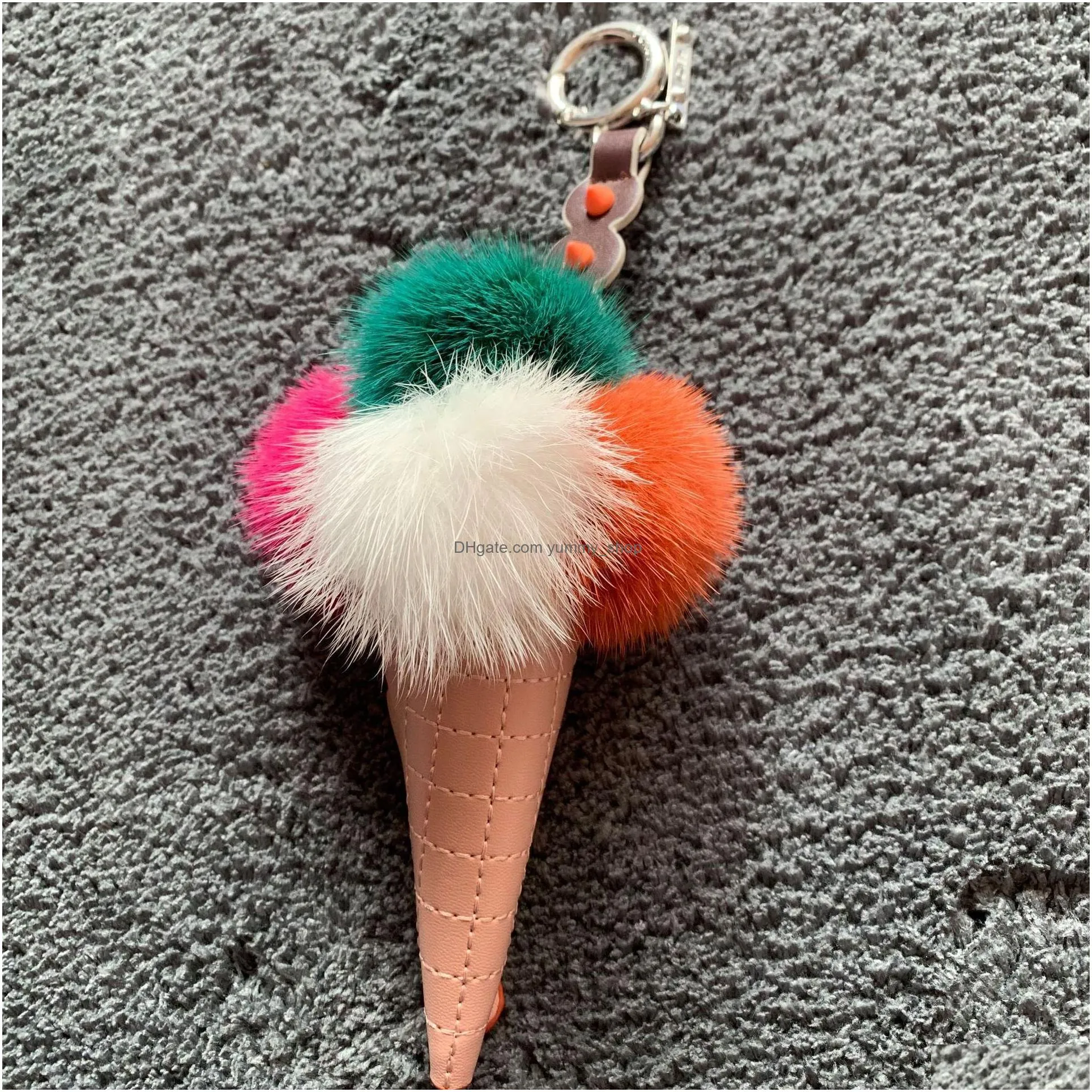 mink fur monster ice cream bag bugs charm keyring charm car phone key ring pendant pom pom keychain fur key chain accessories
