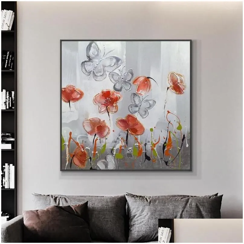 Paintings Abstract Flowers With Butterfly Painting On Canvas Hand Painted Oil Handmade Decorative Wall Art ForLiving Room