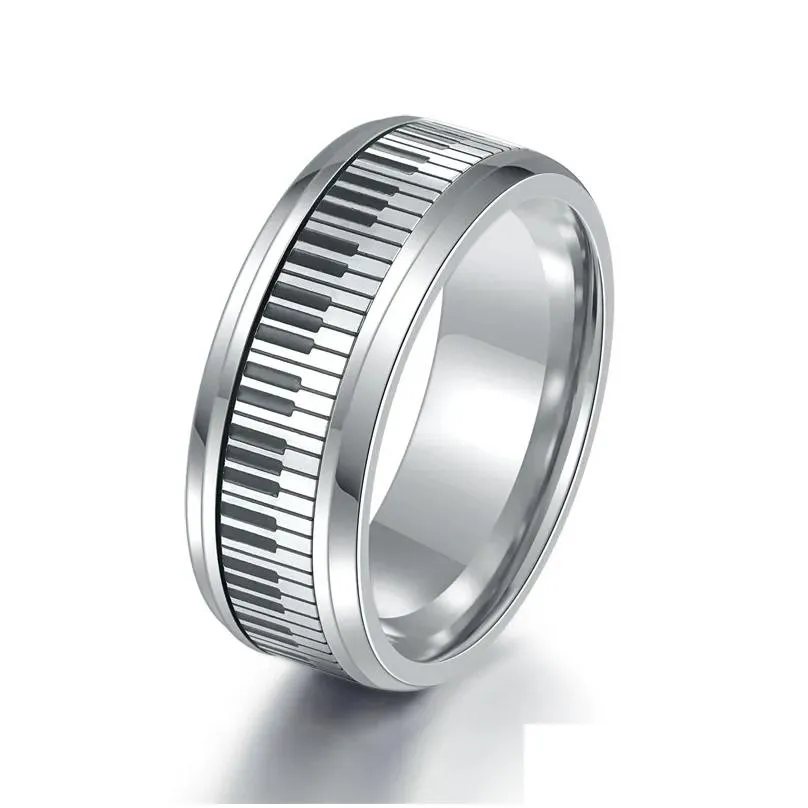 Men Music Piano Keyboard Ring Stainless Steel Rotatable Spinner Rings For Man Boyfriend Gifts Silver Tone Rings