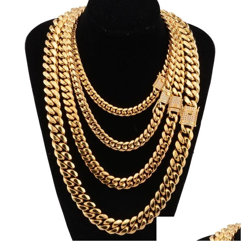 Chains 6-18mm Wide Stainless Steel Cuban  Necklaces CZ Zircon Box Lock Big Heavy Gold Chain For Men Hip Hop Rock JewelryChains