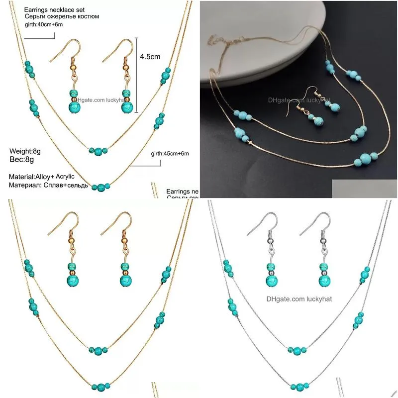 Pendant Necklaces Brand New Vintage Turquoise Jewelry Sets Blue Necklace Earring Ring Set Drop Delivery Pendants Dhtho