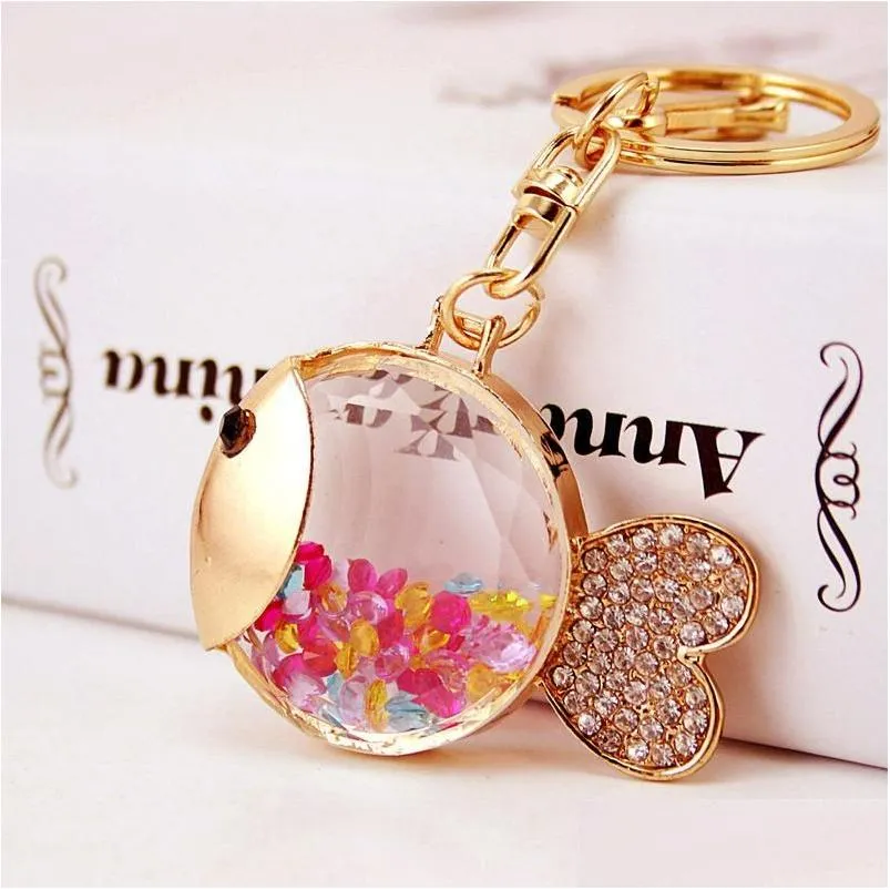 animal fish pendant keychain 40x51mm crystal floating locket alloy gold tone lobster clasp keyring car accessories key holders