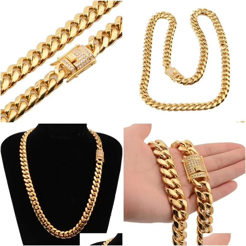 Chains 6-18mm Wide Stainless Steel Cuban  Necklaces CZ Zircon Box Lock Big Heavy Gold Chain For Men Hip Hop Rock JewelryChains