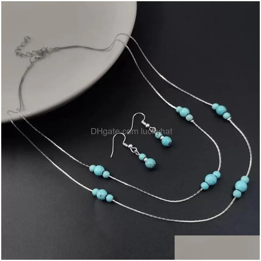 Pendant Necklaces Brand New Vintage Turquoise Jewelry Sets Blue Necklace Earring Ring Set Drop Delivery Pendants Dhtho