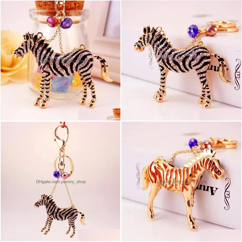 animal zebra horse key chain pendant car keychain accessories rhinestone enamel drip oil alloy key ring holder women bag charm