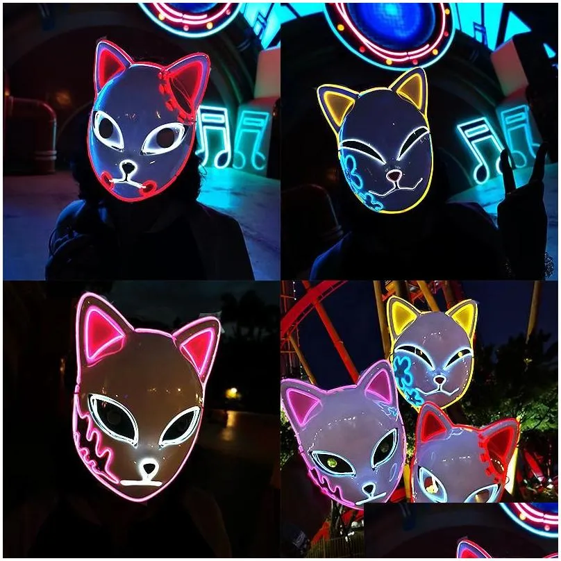 Demon Slayer Glowing EL Wire Mask Kimetsu No Yaiba Characters Cosplay Costume Accessories Japanese Fox Halloween LED Mask C0813