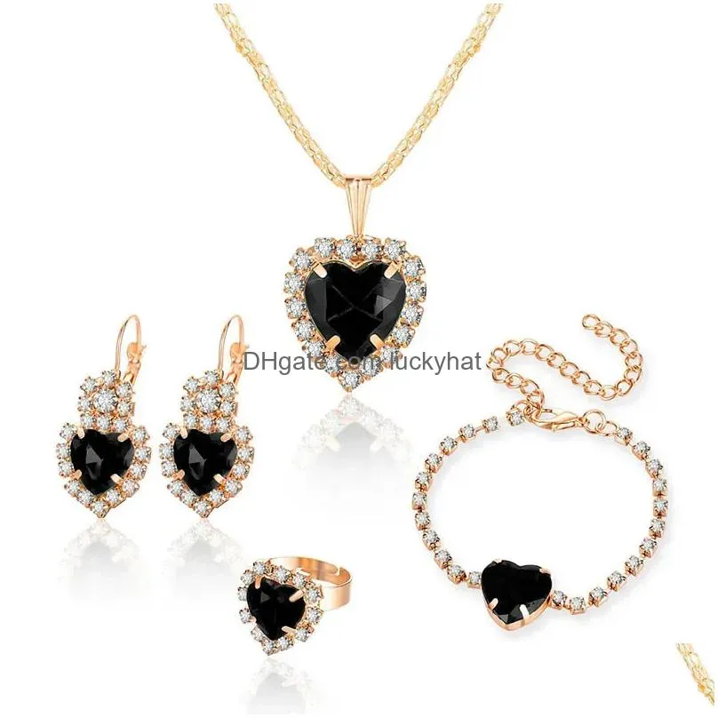 Bracelet, Earrings & Necklace Bridal Jewelry Set Heart Shape Rhinestones Earring Ring Bracelet Factory Price 7 Colors Fashion Women S Dhr0C