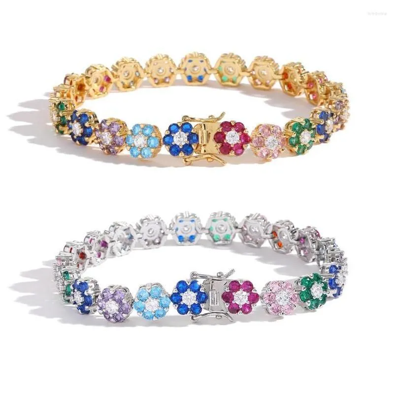 Charm Bracelets EYIKA Bohemia Rainbow CZ Flower Bracelet Gold Silver Color Iced Out Zircon Floral Tennis Chain Women Men Hiphop