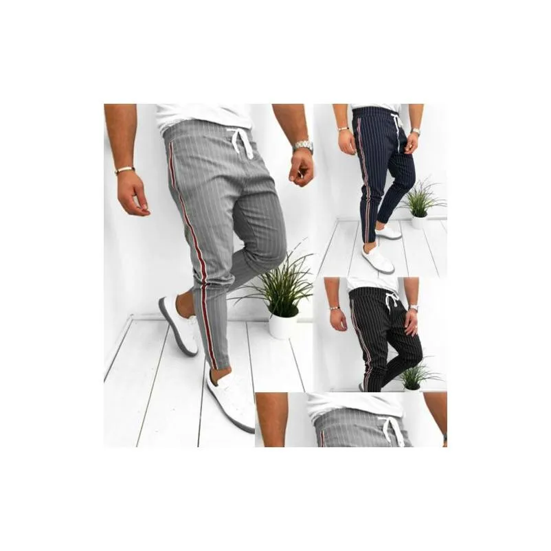Men Summer Casual Long Pants Sport Gym Slim Fit Running Joggers Stripe Long Trousers Sweatpants 2020 New