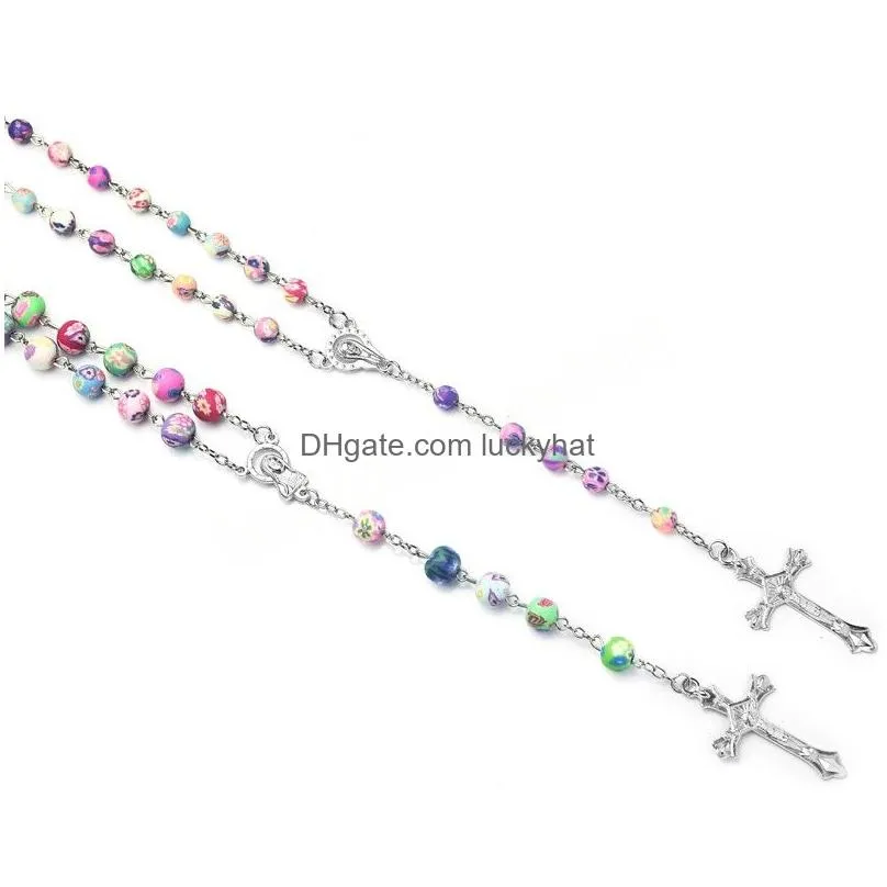 Pendant Necklaces Mticolor Polymer Clay Beads Rosary Cross Necklace For Women Crucifix Chain Female Relin Jewelry Drop Delivery Pendan Dhngo