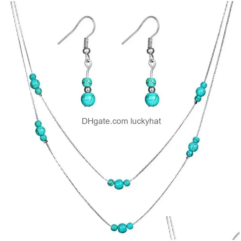 Pendant Necklaces Brand New Vintage Turquoise Jewelry Sets Blue Necklace Earring Ring Set Drop Delivery Pendants Dhtho