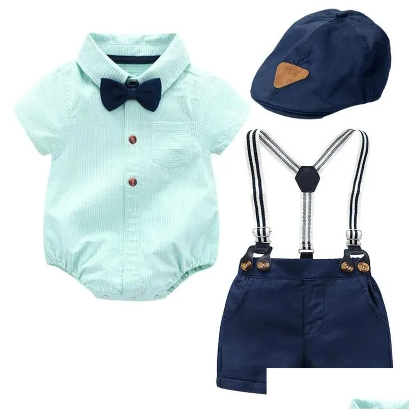 Clothing Sets Born Boy Baby Summer Set 3Pcs Cap+Romper+Belt Pants Gentleman Boys Birthday Baptism 0-24 Months Clothes Costumes