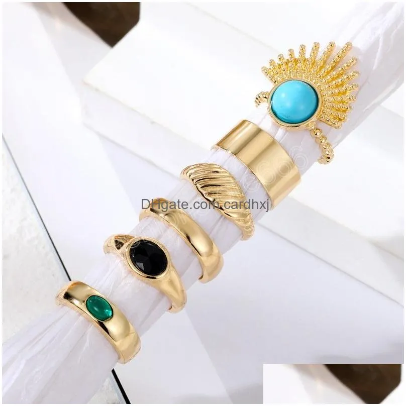 Band Rings Natural Stone Pink Green Turquoise Ring Women Bohemian Stylish Adjustable Bing Jewelry Gift Accessories Drop Delivery Dhqup
