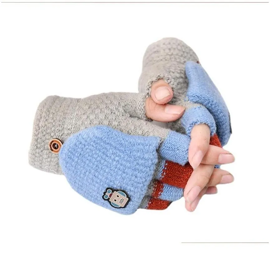 Cute Kids Knit Winter Gloves Child Warm Convertible Fingerless Robot Gloves with Mittens Cover for Girls Boys 3-10Y