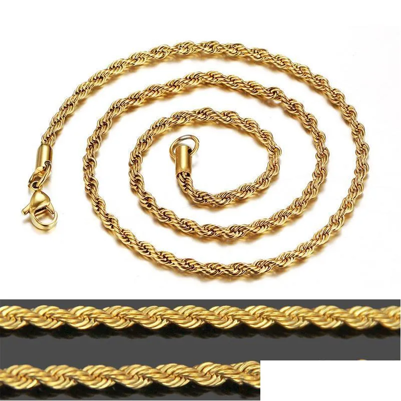 Bulk 18K Gold Plated Chains For women men 3MM Twisted Rope Choker necklaces Jewelry Size 16 18 20 22 24 30 inches