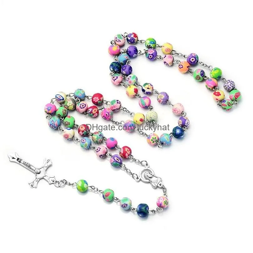 Pendant Necklaces Mticolor Polymer Clay Beads Rosary Cross Necklace For Women Crucifix Chain Female Relin Jewelry Drop Delivery Pendan Dhngo