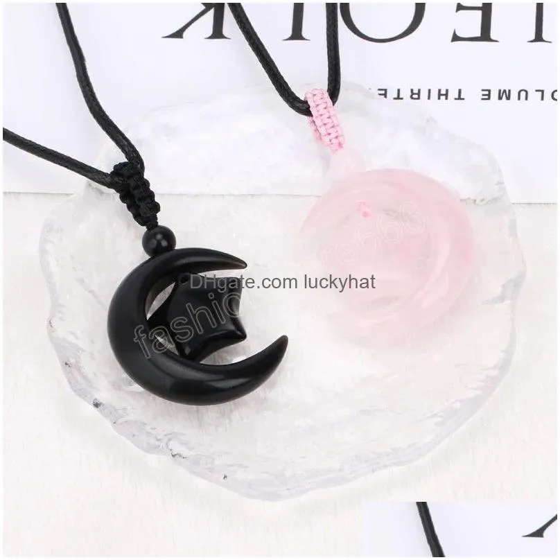 Pendant Necklaces Moon Star Crystal Necklace For Women Natural Stone Healing Rose Pink Tiger Eye Jewelry Man Drop Delivery Pendants Dh1Bt