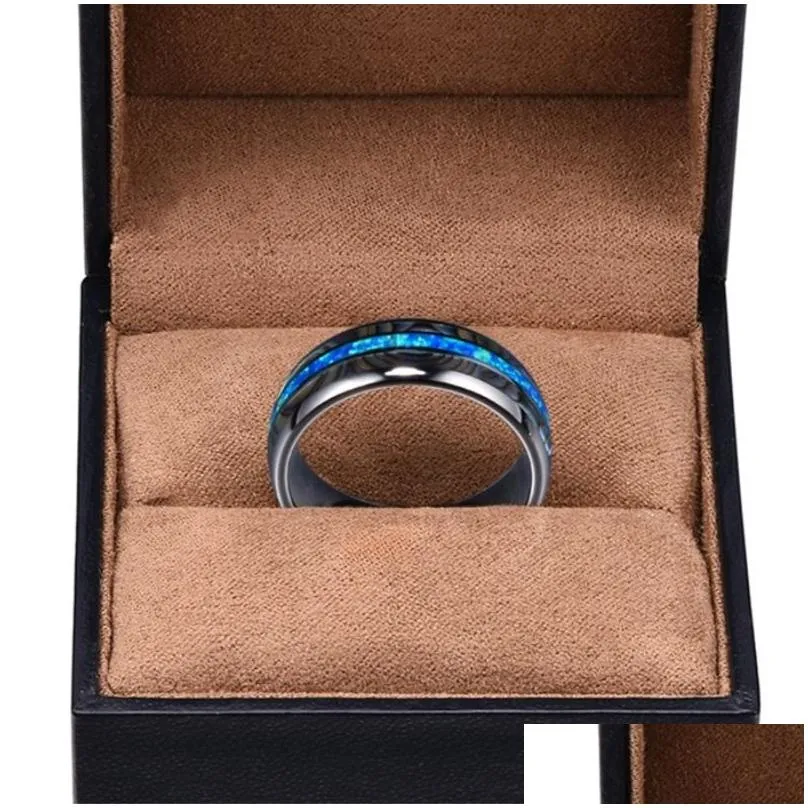 8MM Wide Inlaid Shells & Blue Opal Tungsten Steel Rings Never Fade Engagement Band Ring Men`s Jewelry Size 6-13