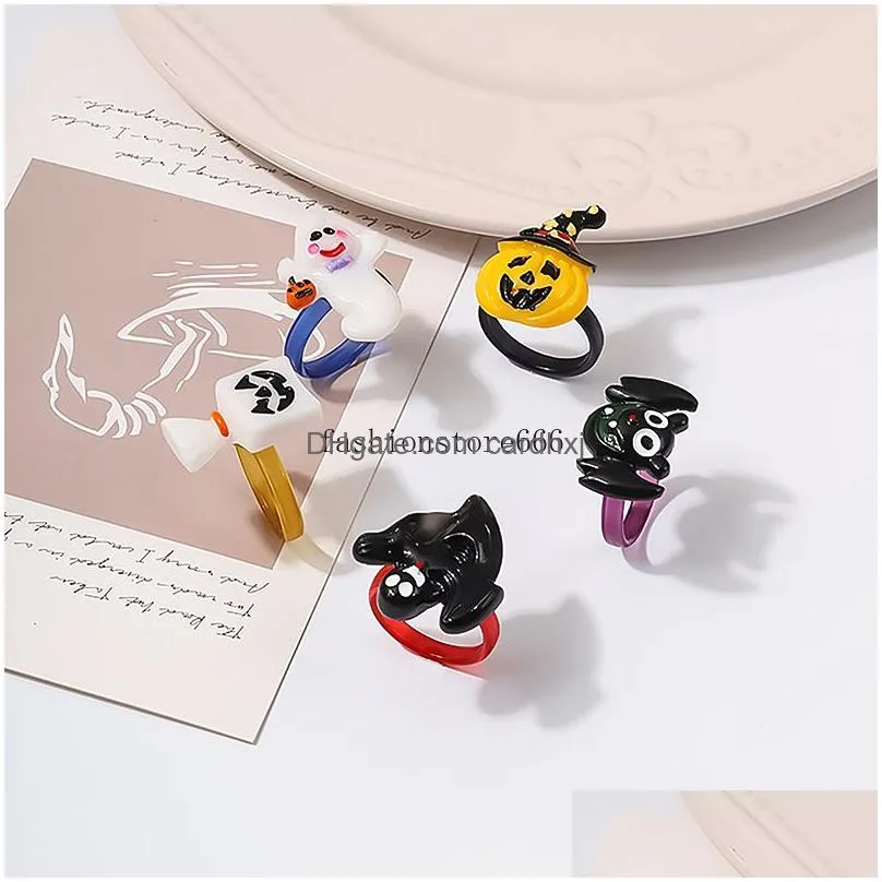 Band Rings Halloween Party Ring Punk Skl Ghost Pumpkin Bat Black Acrylic Resin For Men Women Finger Decorate Jewelry Drop Delivery Dhwam