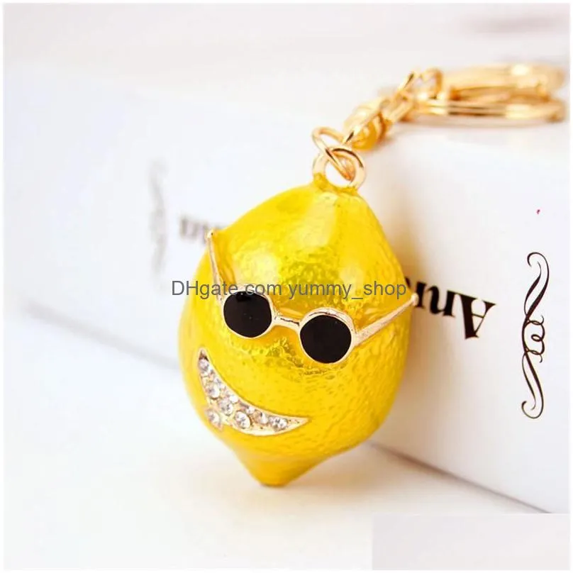 3pcs/lot 3d kawaii sunglass fruit lemon key chain car bag buckle pendant gold tone lobster clasp key ring keychains