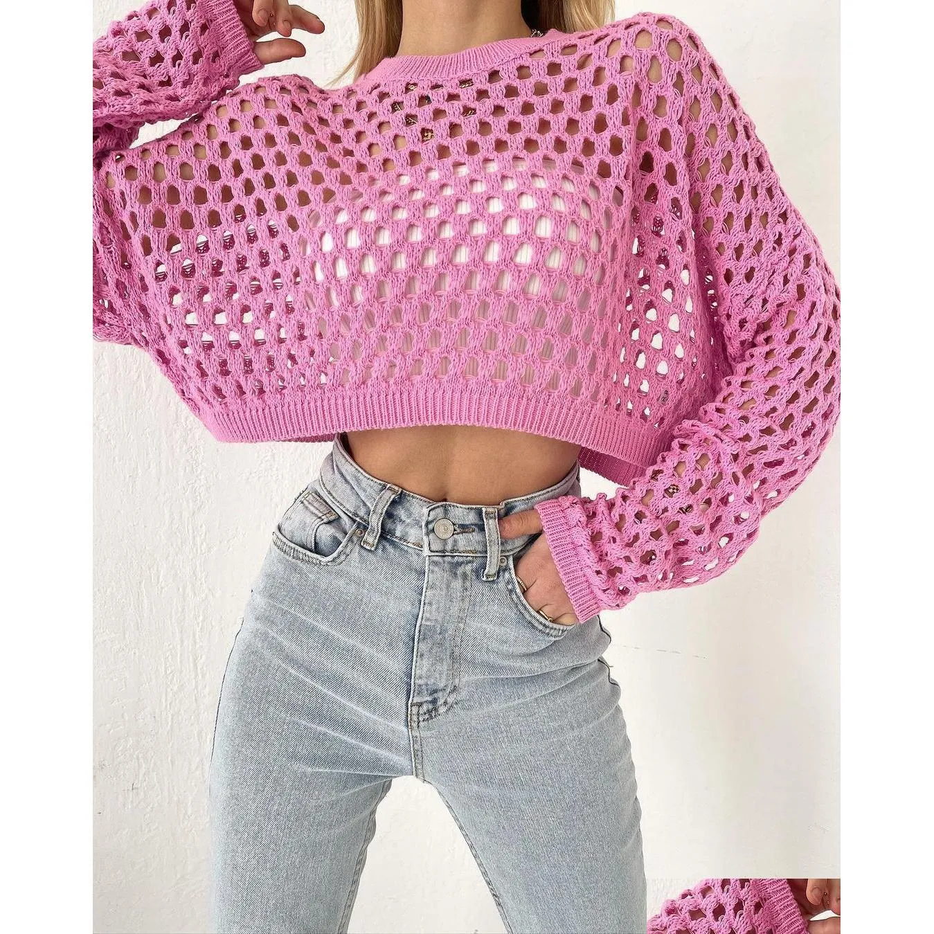 Women`s Sweaters European and American sweater flared sleeve loose foreign trade round neck hollowed out sweater woman