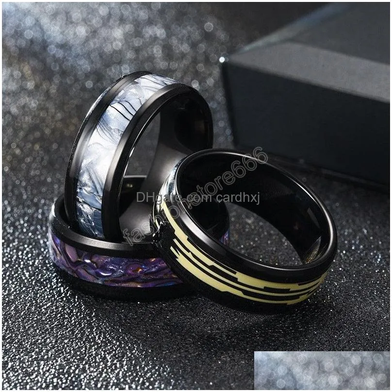 Band Rings 8Mm Black Gradient Inlaid Shells Ring Stainless Steel For Men Women Female Finger Simple Charms Wedding Jewelry Drop Deliv Dh2Py