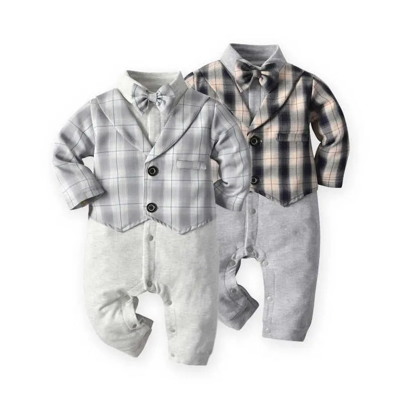 2Pcs Baby Boy Boutique Clothes 1 year Birthday Christening Outfit for Toddler Boys infant Gentleman Bow tie Romper + Plaid Vest 210615