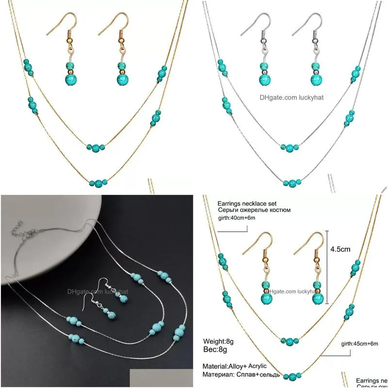 Pendant Necklaces Brand New Vintage Turquoise Jewelry Sets Blue Necklace Earring Ring Set Drop Delivery Pendants Dhtho