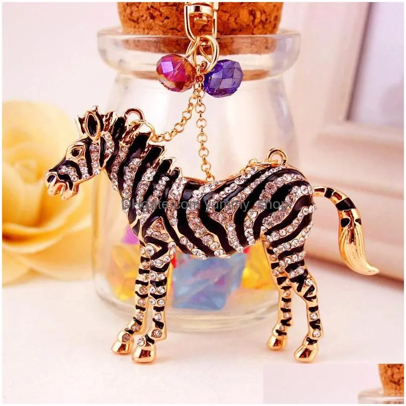 animal zebra horse key chain pendant car keychain accessories rhinestone enamel drip oil alloy key ring holder women bag charm