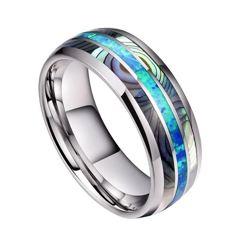 8MM Wide Inlaid Shells & Blue Opal Tungsten Steel Rings Never Fade Engagement Band Ring Men`s Jewelry Size 6-13