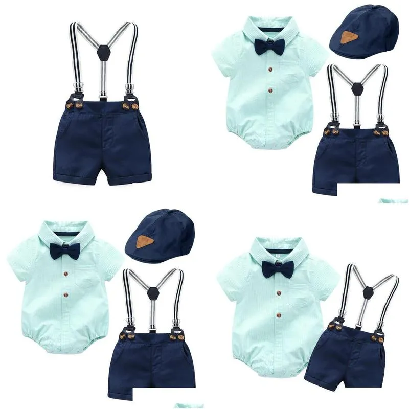 Clothing Sets Born Boy Baby Summer Set 3Pcs Cap+Romper+Belt Pants Gentleman Boys Birthday Baptism 0-24 Months Clothes Costumes
