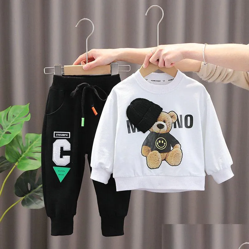 Toddler Kids Baby Boys Clothes Set Long-sleeved Bear Print Round Neck Hoodies and Elastic Long Pants