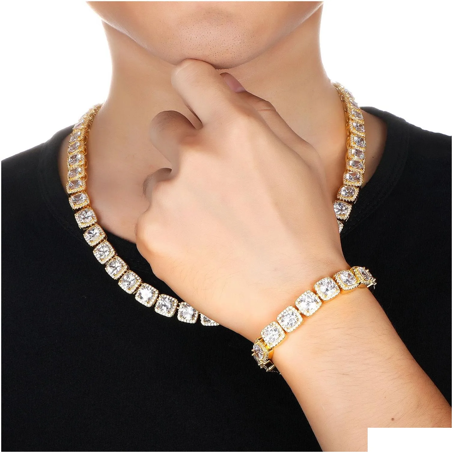 Chains Mens Iced Out 12mm Square Diamond Necklaces Hip Hop Bling Women Trendy  Cuban Curb Link Chain Bracelet Fashion Gold Silver Hipster Punk Jewelry