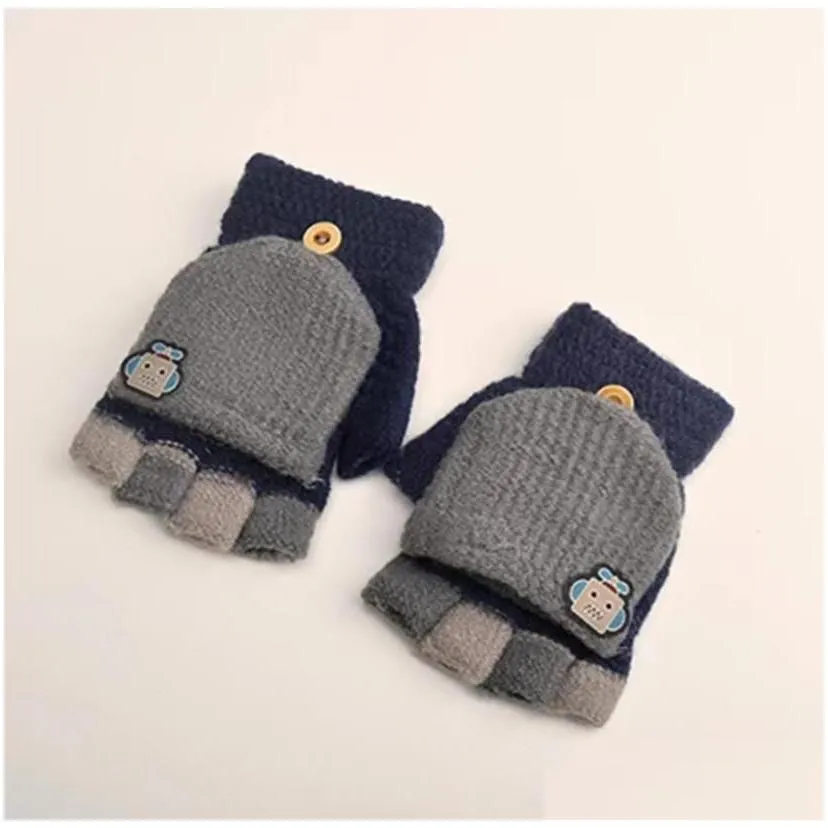 Cute Kids Knit Winter Gloves Child Warm Convertible Fingerless Robot Gloves with Mittens Cover for Girls Boys 3-10Y