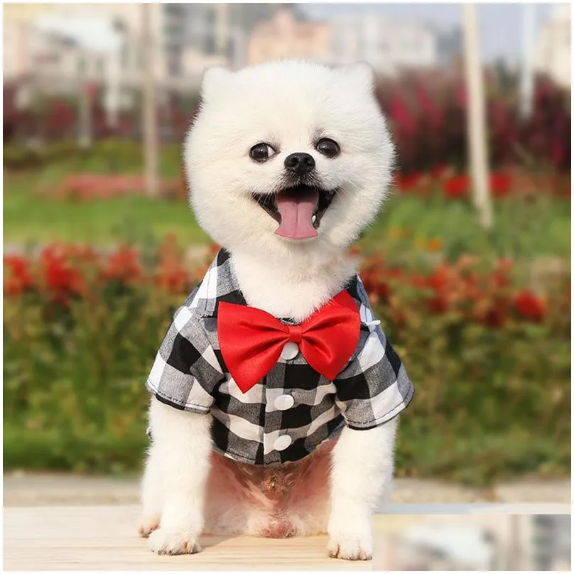 Pet Clothes Dog Apparel Plaid Striped Shirt Suit Wedding Dress Puppy Coat Teddy Bear Pomeranian Vest Small-Medium Cat Pet Costume