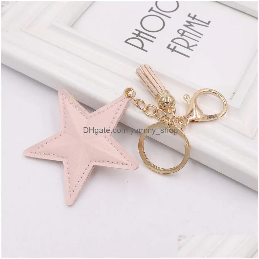 five star keychains accessories tassel pendant key chains rings fobs fashion design pu leather women bag charms gold metal car keyrings