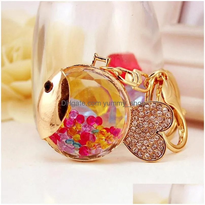 animal fish pendant keychain 40x51mm crystal floating locket alloy gold tone lobster clasp keyring car accessories key holders