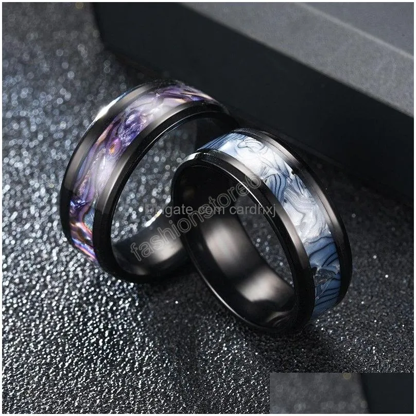 Band Rings 8Mm Black Gradient Inlaid Shells Ring Stainless Steel For Men Women Female Finger Simple Charms Wedding Jewelry Drop Deliv Dh2Py