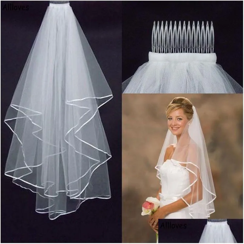 Solid White Ivory Bridal Wedding Veils with Comb Elegant Ribbon Edged Two Layers Fashion Tulle Short Veils Women Hair Accessories Bride To be Engagement Veil