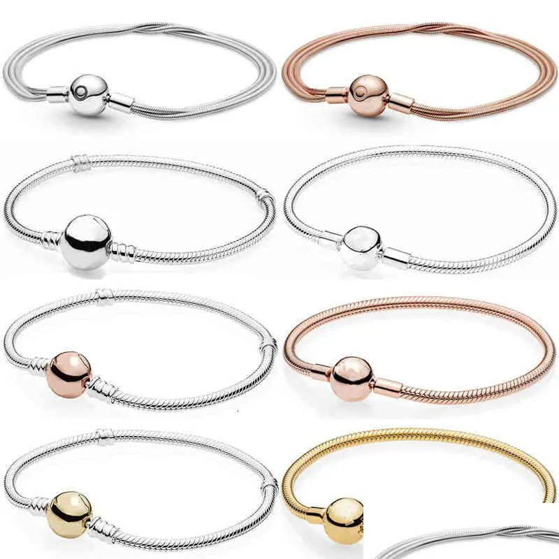 Rose Moments Multi Three Thin Snake Chain Ball Circular Clasp Bracelet Fit 925 Sterling Silver Bead Charm Fashion Diy Jewelry