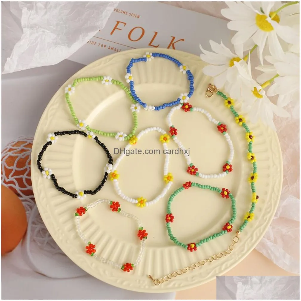 Charm Bracelets 2021 Korean Fashion Flowers Daisy Beads Transparent Colorf Beaded Handmade Elastic Wristband For Women Trend Jewelry Dhabt