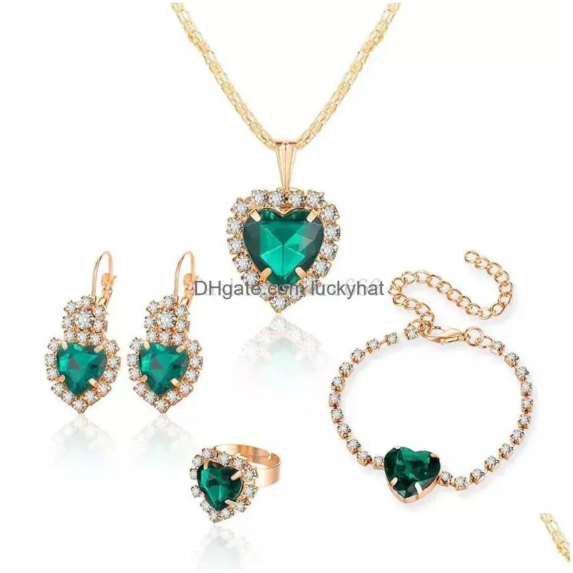 Bracelet, Earrings & Necklace Bridal Jewelry Set Heart Shape Rhinestones Earring Ring Bracelet Factory Price 7 Colors Fashion Women S Dhr0C