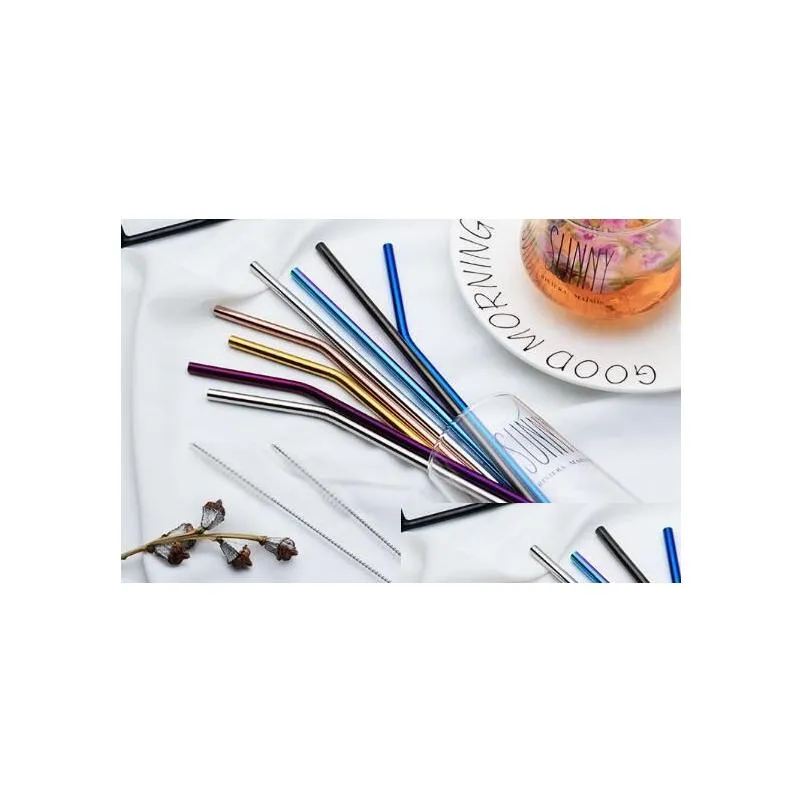 6*215mm 304 Stainless Steel Straw Bent And Straight Reusable Colorful Straw Drinking Straws Metal Straw Cleaner Brush Bar Drinking