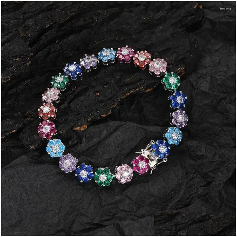 Charm Bracelets EYIKA Bohemia Rainbow CZ Flower Bracelet Gold Silver Color Iced Out Zircon Floral Tennis Chain Women Men Hiphop